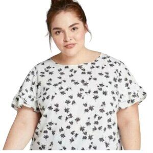 Lane Bryant Womens Plus Size 28 Ruffle Sleeve Floral Print Top Lightweight White